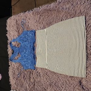 Fashion Q strippes high waist skirt w/ laced crop top blue S